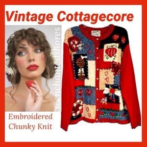 Vintage Sweater Chunky Knit Cardigan Floral Hearts Y2K Heirloom Cottagecore Red